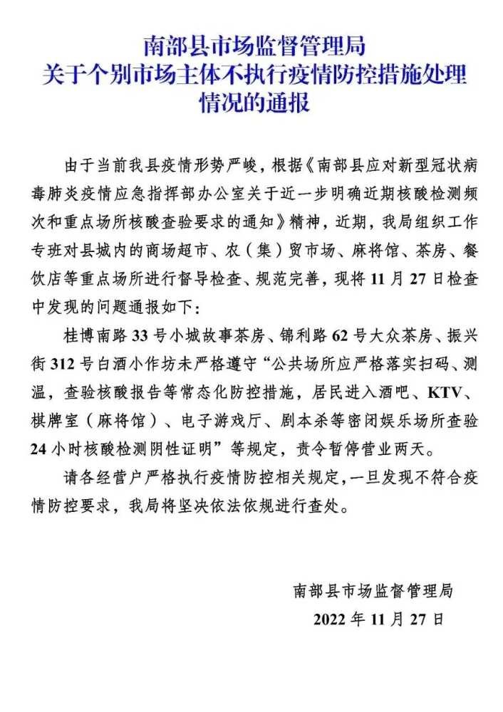 南部茶馆-南部陵江在线不执行防疫步伐！南部3家商户被停业整顿南部陵江在线(1)